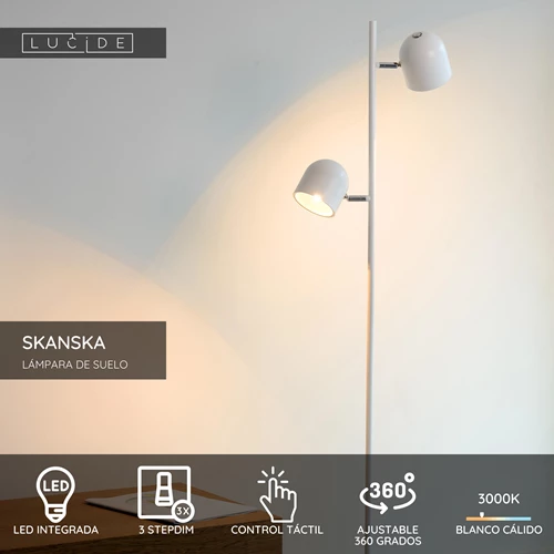 Lucide SKANSKA - Lámpara de suelo - LED 3 StepDim - 2x5W 3000K - Blanco - USP